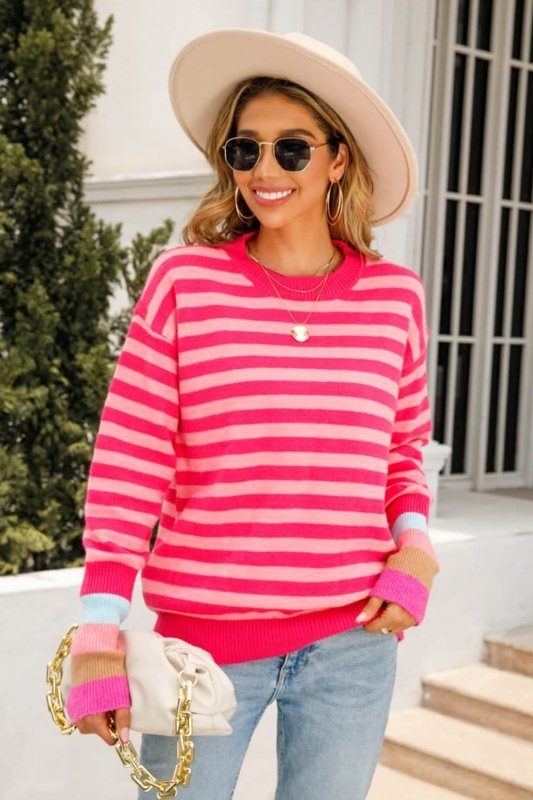 Angel Wings Warm Spice Striped Round Neck Sweater - ShalayeFashion