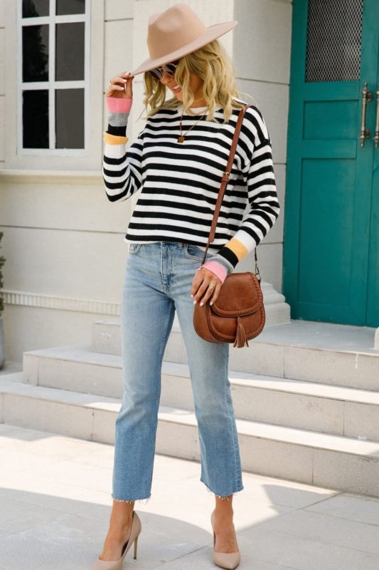 Angel Wings Warm Spice Striped Round Neck Sweater - ShalayeFashion