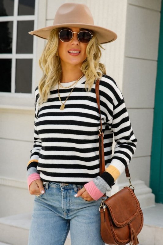 Angel Wings Warm Spice Striped Round Neck Sweater - ShalayeFashion