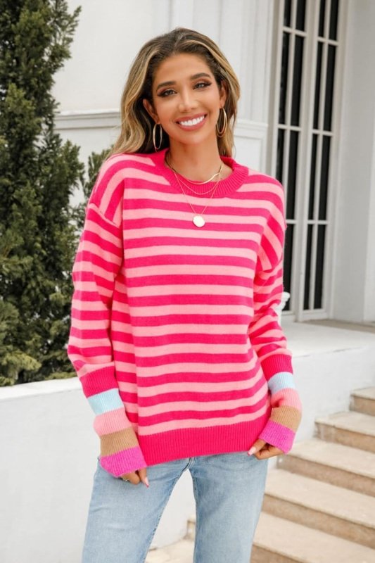 Angel Wings Warm Spice Striped Round Neck Sweater - ShalayeFashion