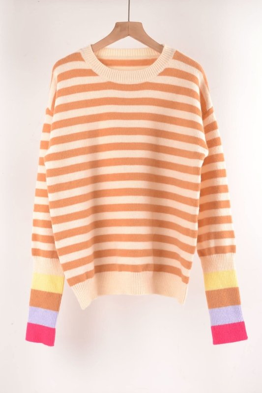 Angel Wings Warm Spice Striped Round Neck Sweater - ShalayeFashion