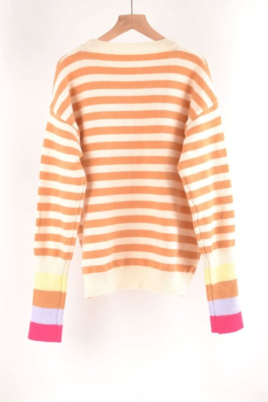 Angel Wings Warm Spice Striped Round Neck Sweater - ShalayeFashion