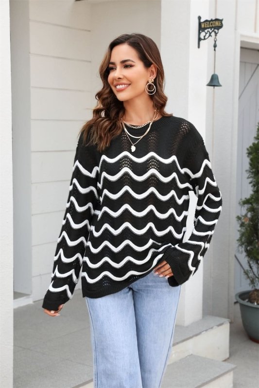 Angel Wings Wave Pattern Round Neck Long Sleeve Sweater - ShalayeFashion