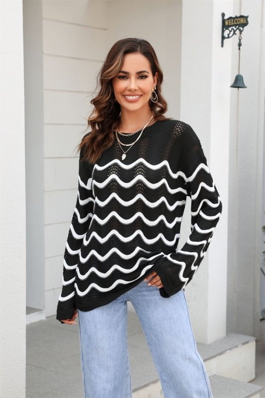 Angel Wings Wave Pattern Round Neck Long Sleeve Sweater - ShalayeFashion