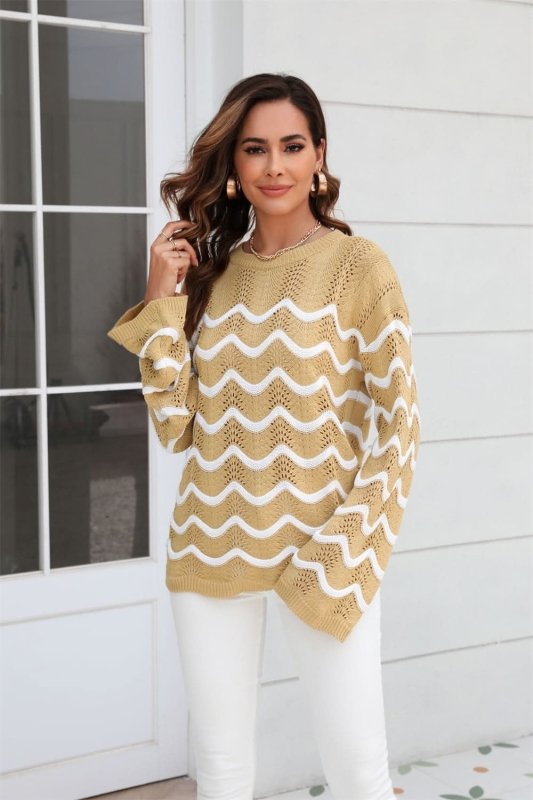 Angel Wings Wave Pattern Round Neck Long Sleeve Sweater - ShalayeFashion
