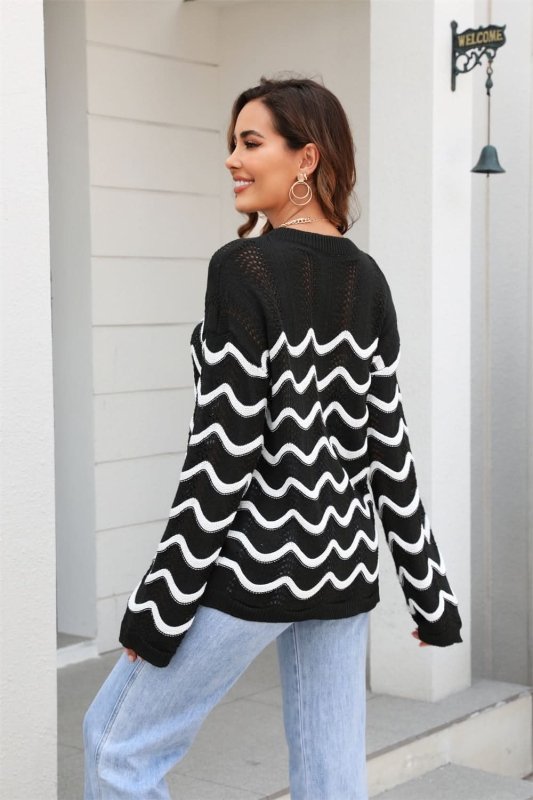 Angel Wings Wave Pattern Round Neck Long Sleeve Sweater - ShalayeFashion
