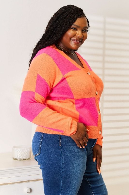 Angel Wings Woven Right Checkered V - Neck Dropped Shoulder Cardigan - ShalayeFashion