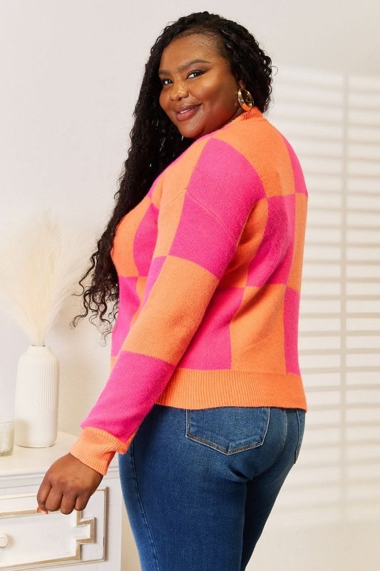 Angel Wings Woven Right Checkered V - Neck Dropped Shoulder Cardigan - ShalayeFashion