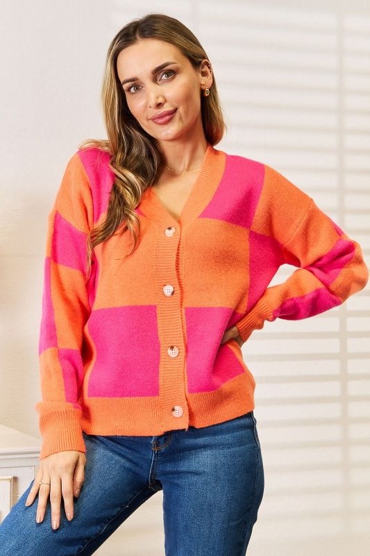 Angel Wings Woven Right Checkered V - Neck Dropped Shoulder Cardigan - ShalayeFashion