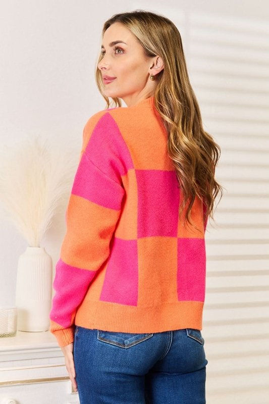 Angel Wings Woven Right Checkered V - Neck Dropped Shoulder Cardigan - ShalayeFashion