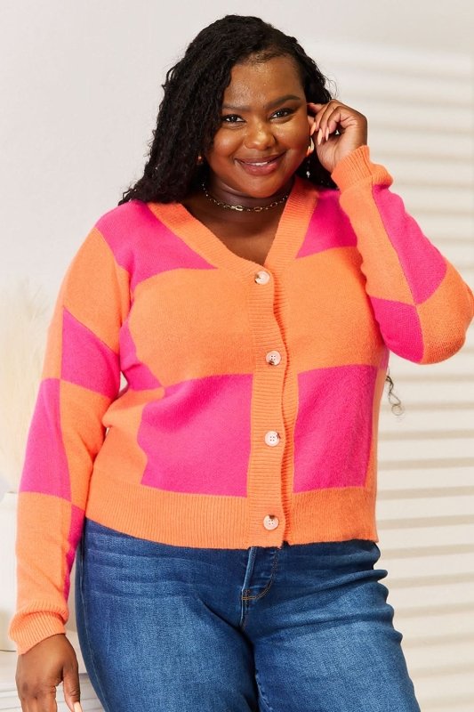 Angel Wings Woven Right Checkered V - Neck Dropped Shoulder Cardigan - ShalayeFashion