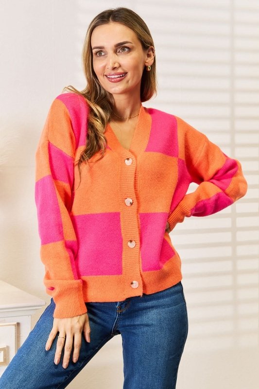 Angel Wings Woven Right Checkered V - Neck Dropped Shoulder Cardigan - ShalayeFashion
