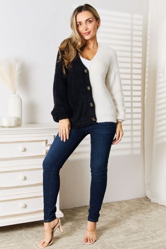 Angel Wings Woven Right Contrast Button - Front V - Neck Cardigan - ShalayeFashion