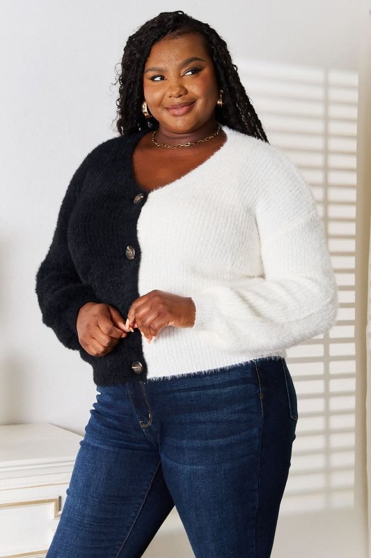 Angel Wings Woven Right Contrast Button - Front V - Neck Cardigan - ShalayeFashion