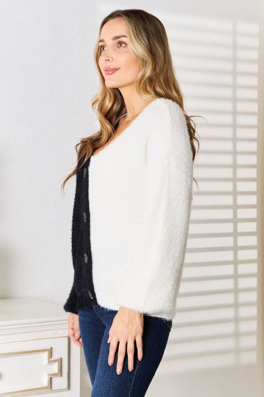 Angel Wings Woven Right Contrast Button - Front V - Neck Cardigan - ShalayeFashion