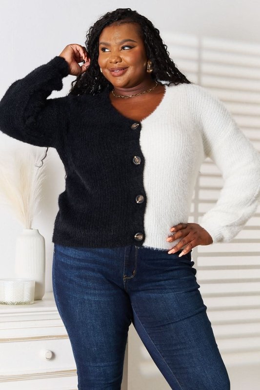 Angel Wings Woven Right Contrast Button - Front V - Neck Cardigan - ShalayeFashion