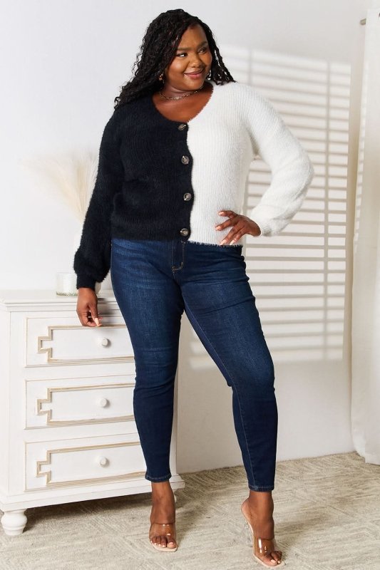 Angel Wings Woven Right Contrast Button - Front V - Neck Cardigan - ShalayeFashion