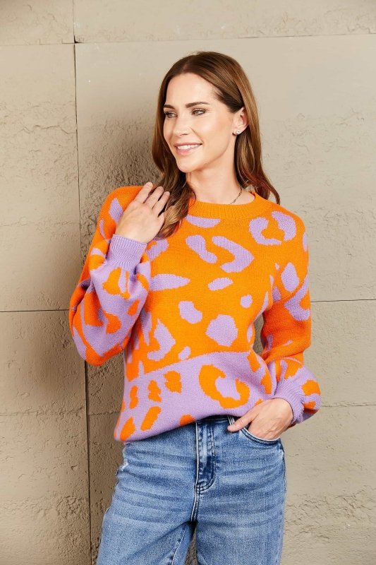 Angel Wings Woven Right Leopard Round Neck Dropped Shoulder Sweater - ShalayeFashion