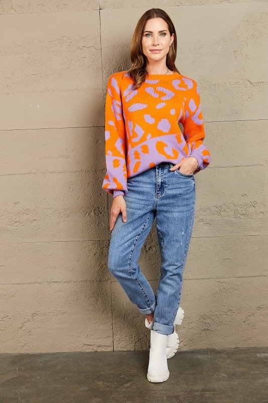 Angel Wings Woven Right Leopard Round Neck Dropped Shoulder Sweater - ShalayeFashion
