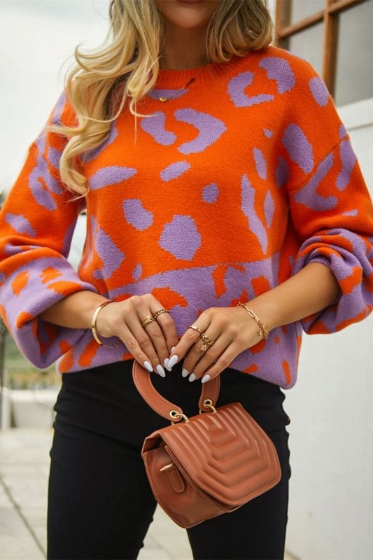 Angel Wings Woven Right Leopard Round Neck Dropped Shoulder Sweater - ShalayeFashion
