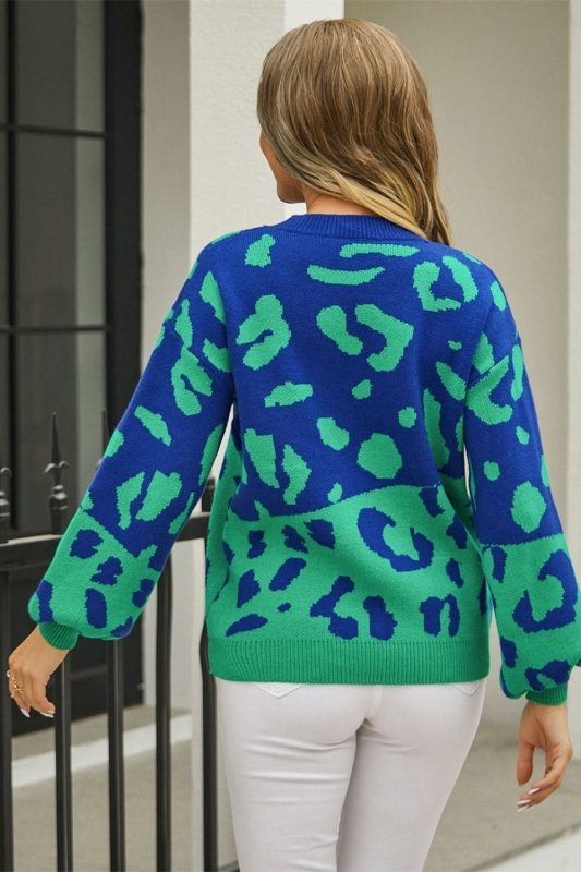 Angel Wings Woven Right Leopard Round Neck Dropped Shoulder Sweater - ShalayeFashion