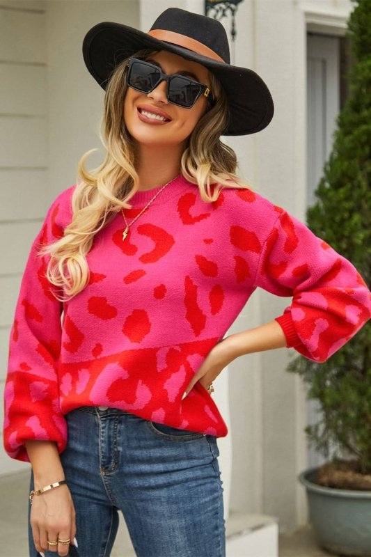 Angel Wings Woven Right Leopard Round Neck Dropped Shoulder Sweater - ShalayeFashion