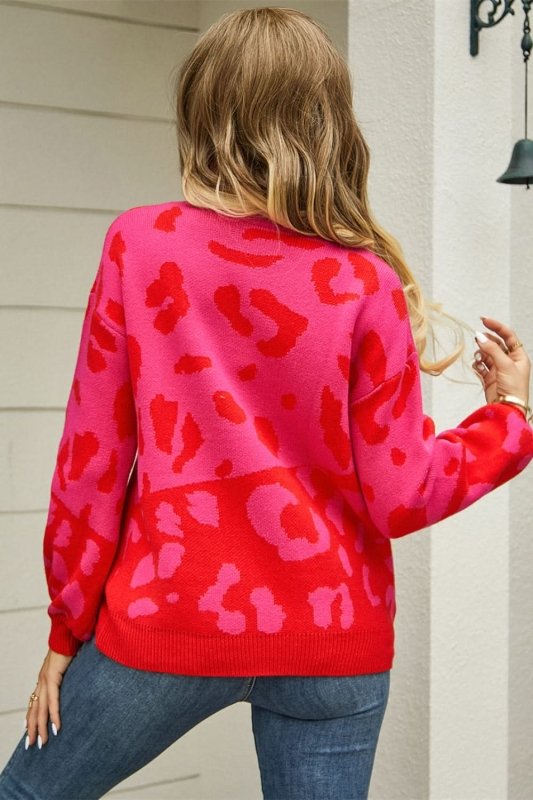 Angel Wings Woven Right Leopard Round Neck Dropped Shoulder Sweater - ShalayeFashion