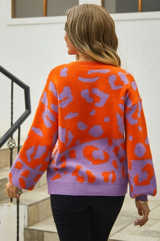 Angel Wings Woven Right Leopard Round Neck Dropped Shoulder Sweater - ShalayeFashion