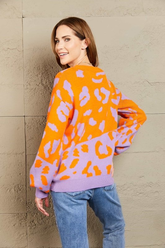 Angel Wings Woven Right Leopard Round Neck Dropped Shoulder Sweater - ShalayeFashion
