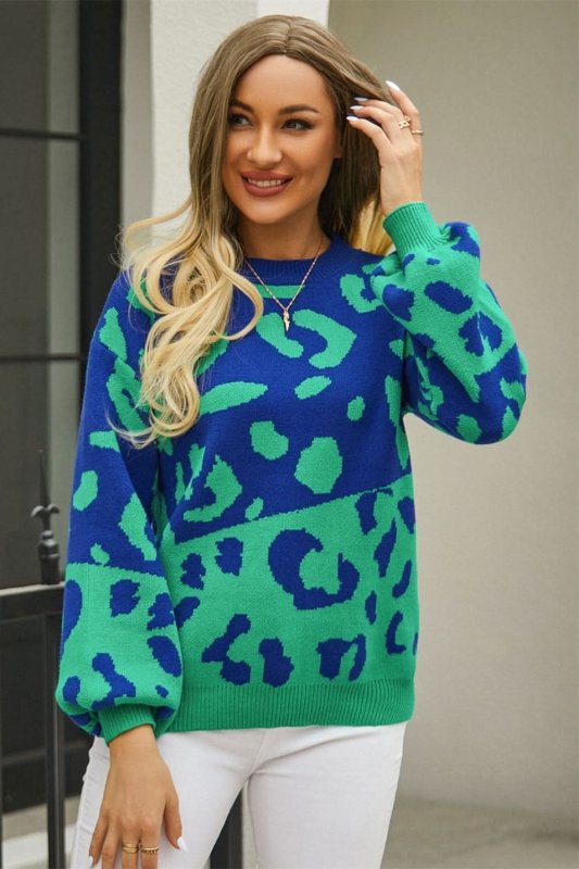 Angel Wings Woven Right Leopard Round Neck Dropped Shoulder Sweater - ShalayeFashion