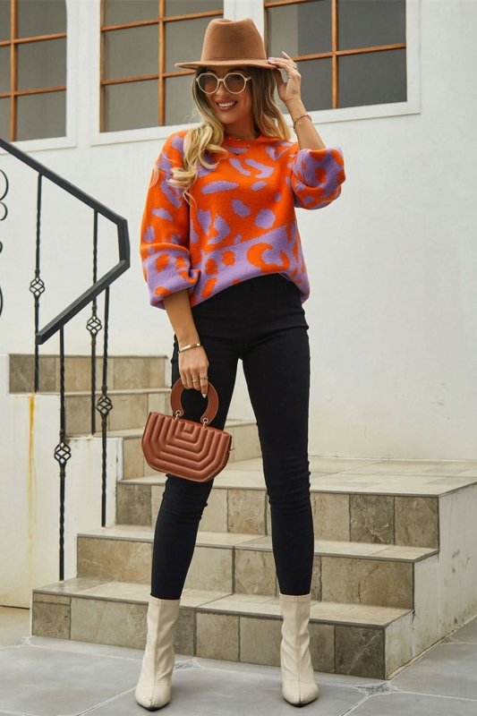 Angel Wings Woven Right Leopard Round Neck Dropped Shoulder Sweater - ShalayeFashion