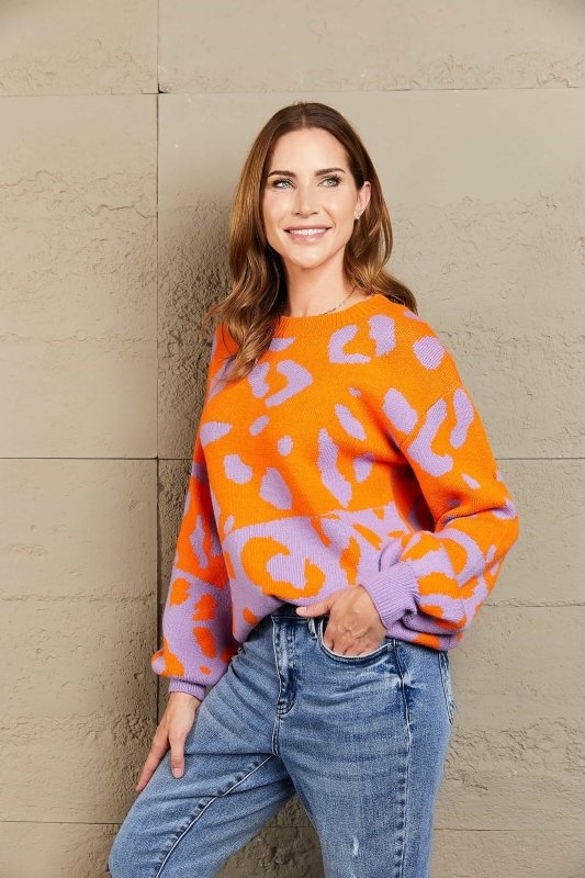 Angel Wings Woven Right Leopard Round Neck Dropped Shoulder Sweater - ShalayeFashion