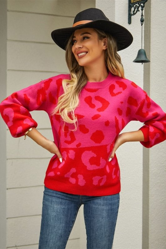 Angel Wings Woven Right Leopard Round Neck Dropped Shoulder Sweater - ShalayeFashion