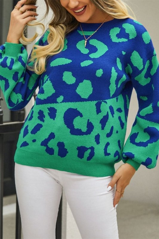 Angel Wings Woven Right Leopard Round Neck Dropped Shoulder Sweater - ShalayeFashion