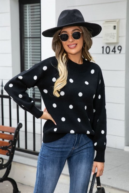 Angel Wings Woven Right Polka Dot Round Neck Dropped Shoulder Sweater - ShalayeFashion