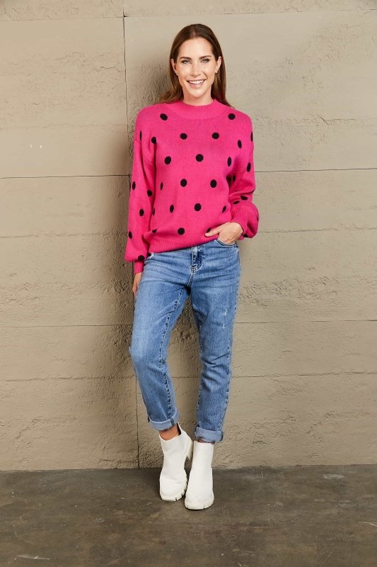 Angel Wings Woven Right Polka Dot Round Neck Dropped Shoulder Sweater - ShalayeFashion