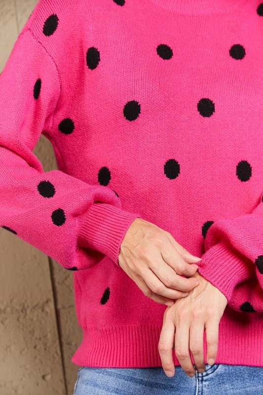 Angel Wings Woven Right Polka Dot Round Neck Dropped Shoulder Sweater - ShalayeFashion
