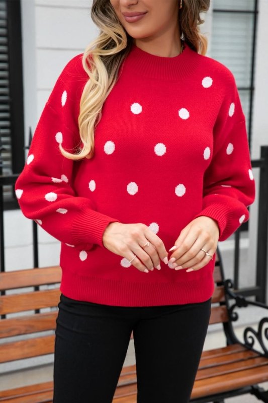Angel Wings Woven Right Polka Dot Round Neck Dropped Shoulder Sweater - ShalayeFashion