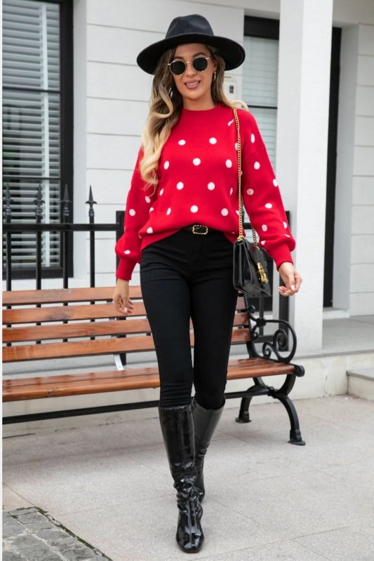 Angel Wings Woven Right Polka Dot Round Neck Dropped Shoulder Sweater - ShalayeFashion