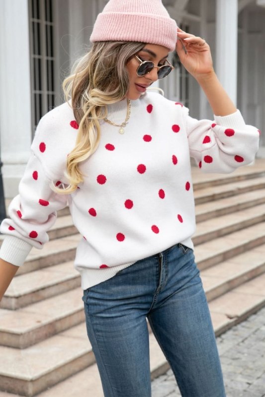 Angel Wings Woven Right Polka Dot Round Neck Dropped Shoulder Sweater - ShalayeFashion