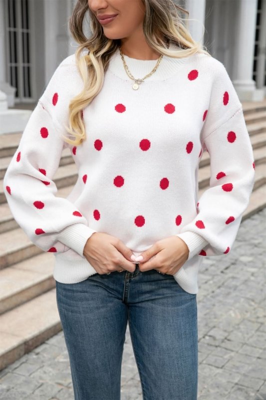 Angel Wings Woven Right Polka Dot Round Neck Dropped Shoulder Sweater - ShalayeFashion