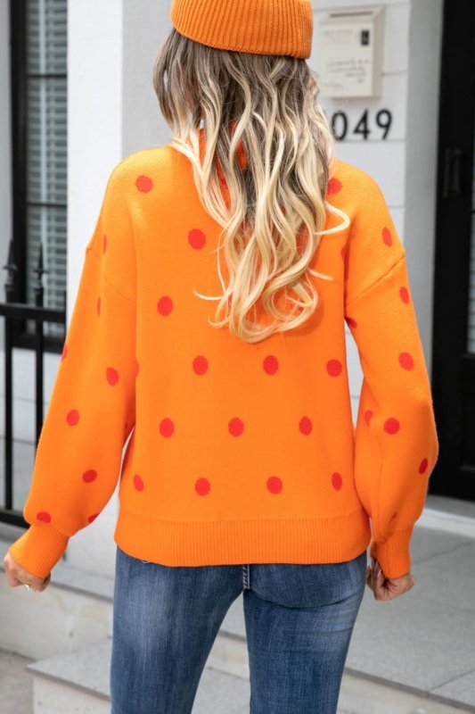 Angel Wings Woven Right Polka Dot Round Neck Dropped Shoulder Sweater - ShalayeFashion