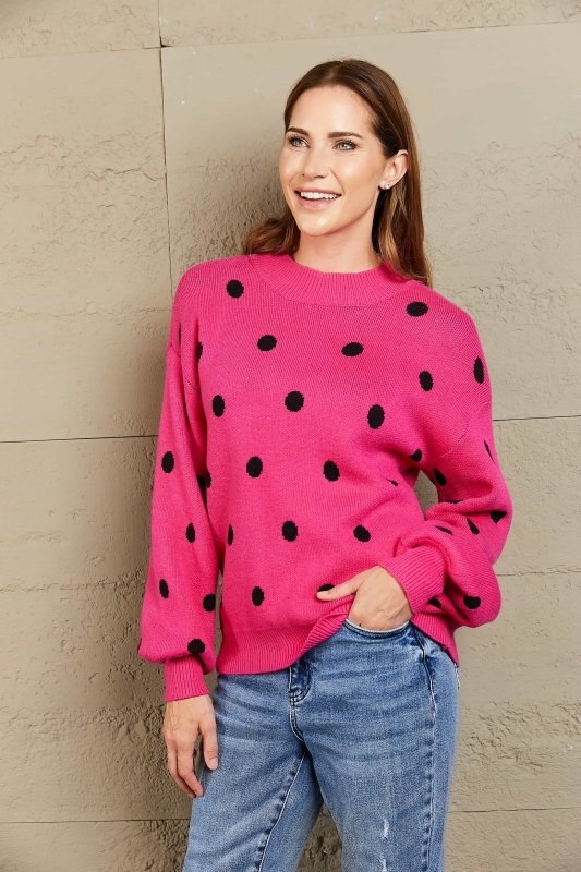 Angel Wings Woven Right Polka Dot Round Neck Dropped Shoulder Sweater - ShalayeFashion