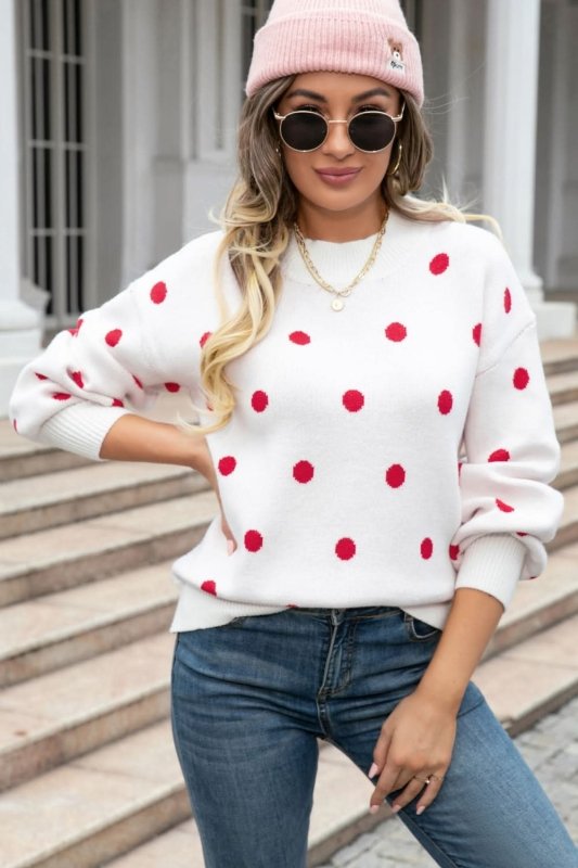 Angel Wings Woven Right Polka Dot Round Neck Dropped Shoulder Sweater - ShalayeFashion