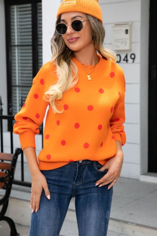 Angel Wings Woven Right Polka Dot Round Neck Dropped Shoulder Sweater - ShalayeFashion