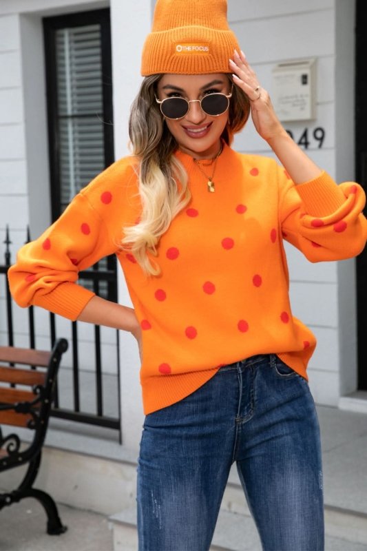 Angel Wings Woven Right Polka Dot Round Neck Dropped Shoulder Sweater - ShalayeFashion