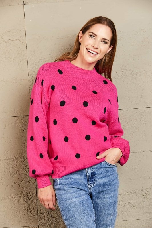 Angel Wings Woven Right Polka Dot Round Neck Dropped Shoulder Sweater - ShalayeFashion