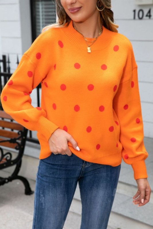 Angel Wings Woven Right Polka Dot Round Neck Dropped Shoulder Sweater - ShalayeFashion