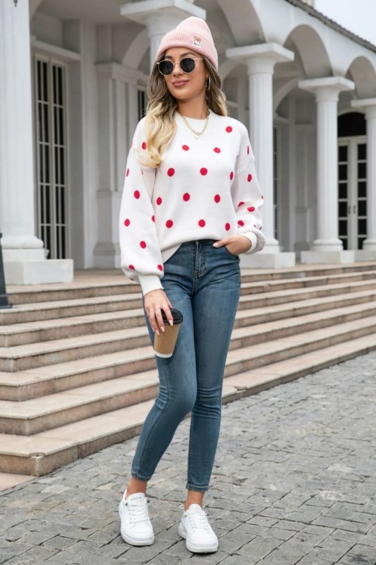 Angel Wings Woven Right Polka Dot Round Neck Dropped Shoulder Sweater - ShalayeFashion