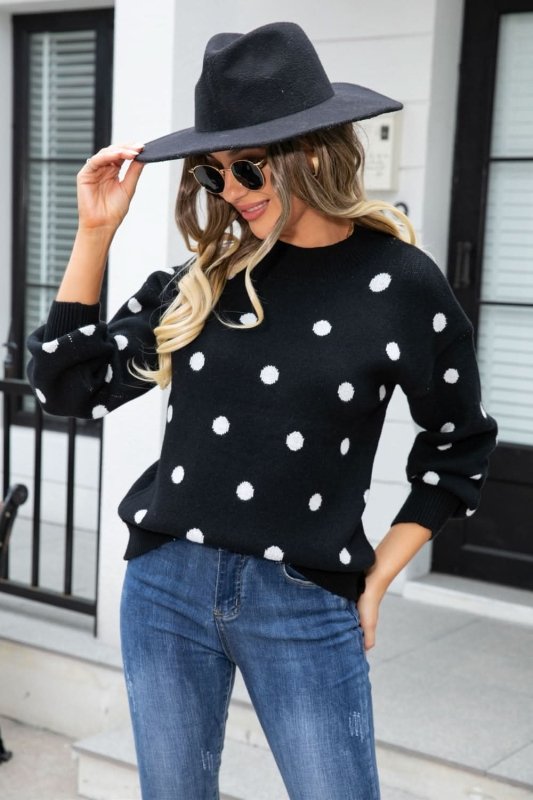 Angel Wings Woven Right Polka Dot Round Neck Dropped Shoulder Sweater - ShalayeFashion